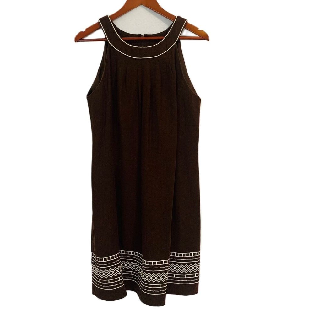 New Directions Sun Dress Women 14 Brown Linen Rayon Embroidery Halter Cottage